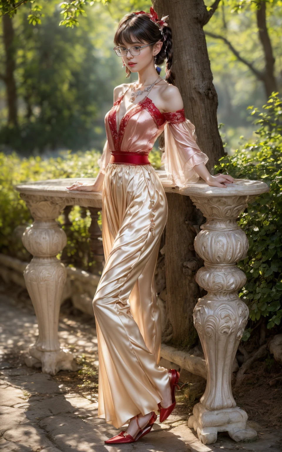 (8K, Masterpiece, RAW photo, Best quality, detail:1.3), (ultra realistic Natural background, scenary:1.5), Depth of field, Cinematic light, (ultra realistic face), (1 picture of 1 solo girl Airim Jones:1.6), 1girl, (Beautiful and elegant Russian girl), (skinny girl with glasses), (European face:1.3), (perfect complete full body:1.6), (full body shot including shoes:1.6), (perfect [frontal view|side profile|back profile]:1.5), (small necklace, collarbone:1.1), ( [bangs|pigtails|bob|pixie] hair:1.5), (ultra detailed skin:1.4), (sexy red minitop:1.5), (soft fabric miniTop:1.5), (Asymmetric Hem Trousers:1.6), (perfect standing pose:1.5), (perfect long legs:1.35), (low rise pants:1.5), (low waisted pants:1.5), (perfect shoes:1.5), (perfect feet:1.5), (perfect oriented feet:1.4)