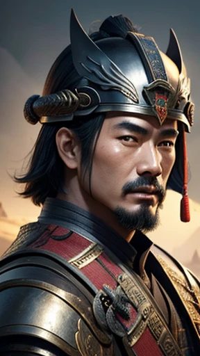 oriental、man in ancient chinese armor、Ancient Chinese man wearing a leather helmet、three kingdom、multiple warlords、highest quality、masterpiece、ultra high resolution、(realistic:1.4)、Game Posters、Clear and beautiful image quality、