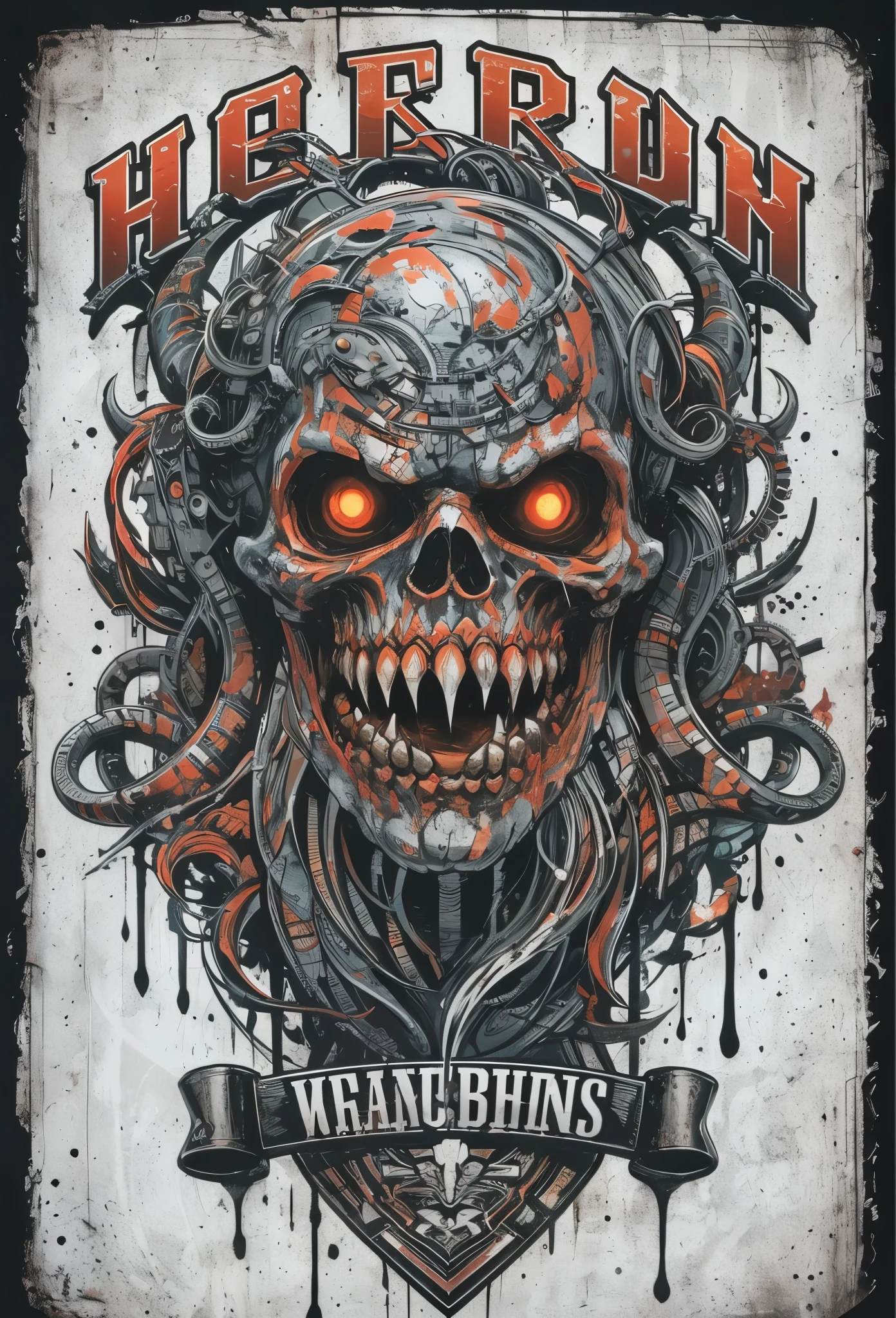 Lovecraftian horror logo design,t shirt design,beefy style,design only,white background,no model,professional,high contrast,high-res,ultra-detailed,vivid colors,metallic accents,sharp focus,edgy,dynamic composition,gritty texture,rough brush strokes,mechanical elements,chrome effect,classic typography,retro style,distressed look,aggressive lines and curves,3D rendering,striking visual impact,dark shadows,strong branding presence,monochromatic palette,industrial aesthetic