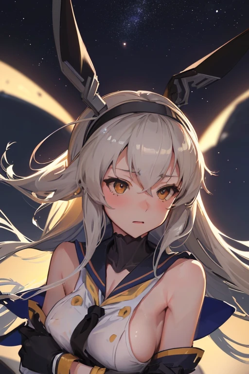 hyper detailed, perfect anatomy, extremely detailed and delicate, 1 girl, shimakaze(kancolle), 1 black cat, night sky, stars, milkyway, hugging a black cat,