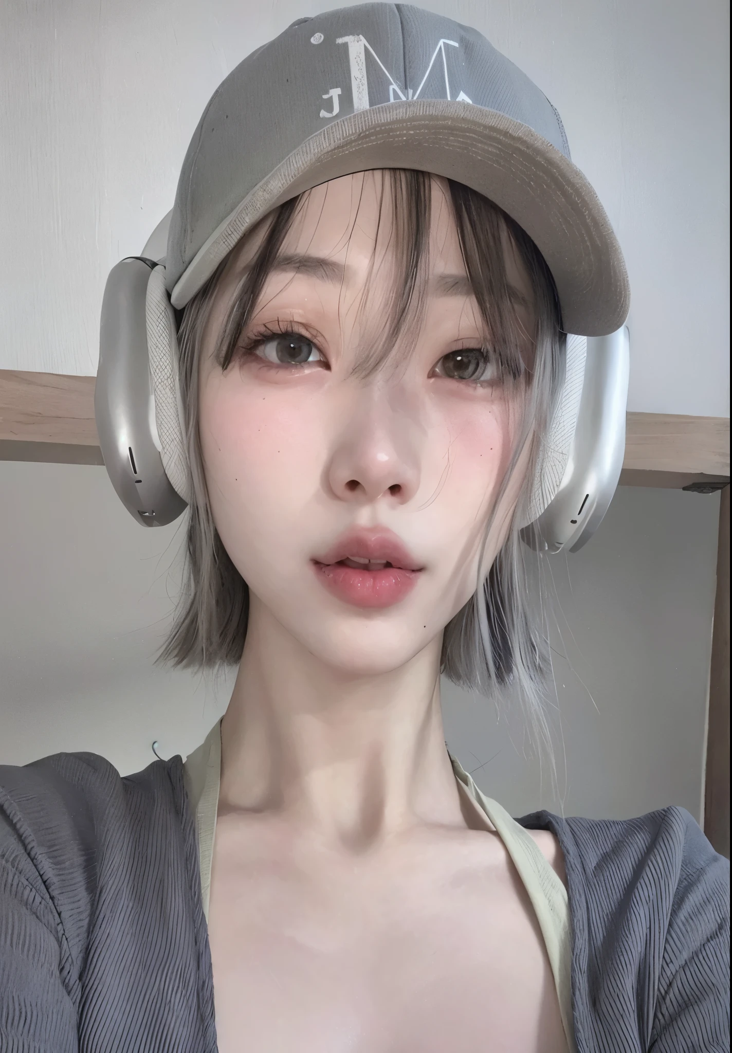 Arafed woman with headphones and a baseball cap on., ulzzang, 🤤 girl portrait, korean symmetrical face, muchacha coreana, Guweiz, chica anime en la vida real, pale round face, artwork in the style of Guweiz, Cara linda clara, vibraciones de anime, con pelo corto, hermoso rostro estetico, joven y adorable rostro coreano