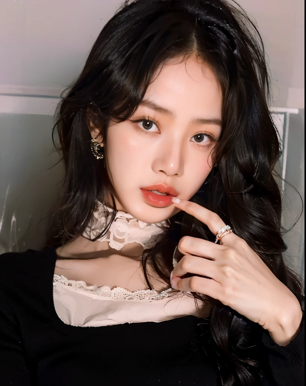 a closeup of a woman with long hair and a black sweater, cruel korean gothic girl, ulzzang, muchacha coreana, maquillaje popular de corea del sur, maquillaje coreano popular, usando gargantilla negra, usando gargantilla, hermosa mujer surcoreana, Hermosa joven coreana, hermosa joven coreana, joven y adorable rostro coreano, usando una intrincada gargantilla negra, pale korean adorable face, jennie rosa negro