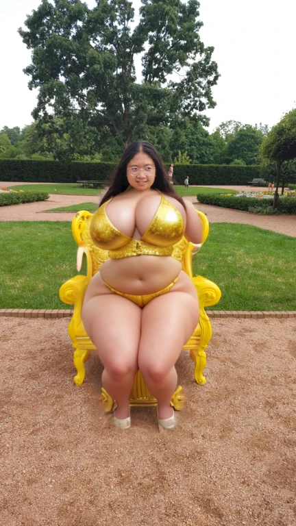 there is a woman standing in front of a yellow bench, sitting in a plastic throne, sitting on an royal throne, sitting on a throne, sitting in a gilded throne, sitting on intricate throne, sitting on an ornate throne, sitting on a golden throne, sitting on the throne, sitting on throne, sitting on golden throne, sitting on the porcelain throne, Big tits, huge tits, no clothes, sexy, cute, wide hips, thick thighs, pear-shaped body, minimal clothes, thick, bbw, chubby stomach