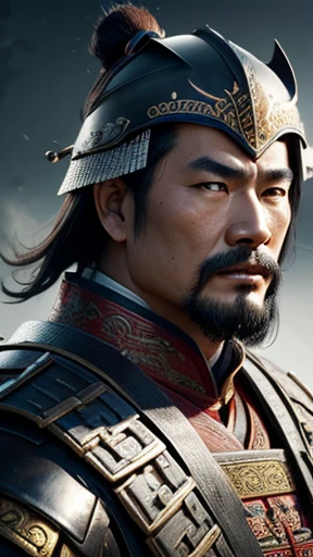 oriental、man in ancient chinese armor、Ancient Chinese man wearing a leather helmet、three kingdom、multiple warlords、highest quality、masterpiece、ultra high resolution、(realistic:1.4)、Game Posters、Clear and beautiful image quality、