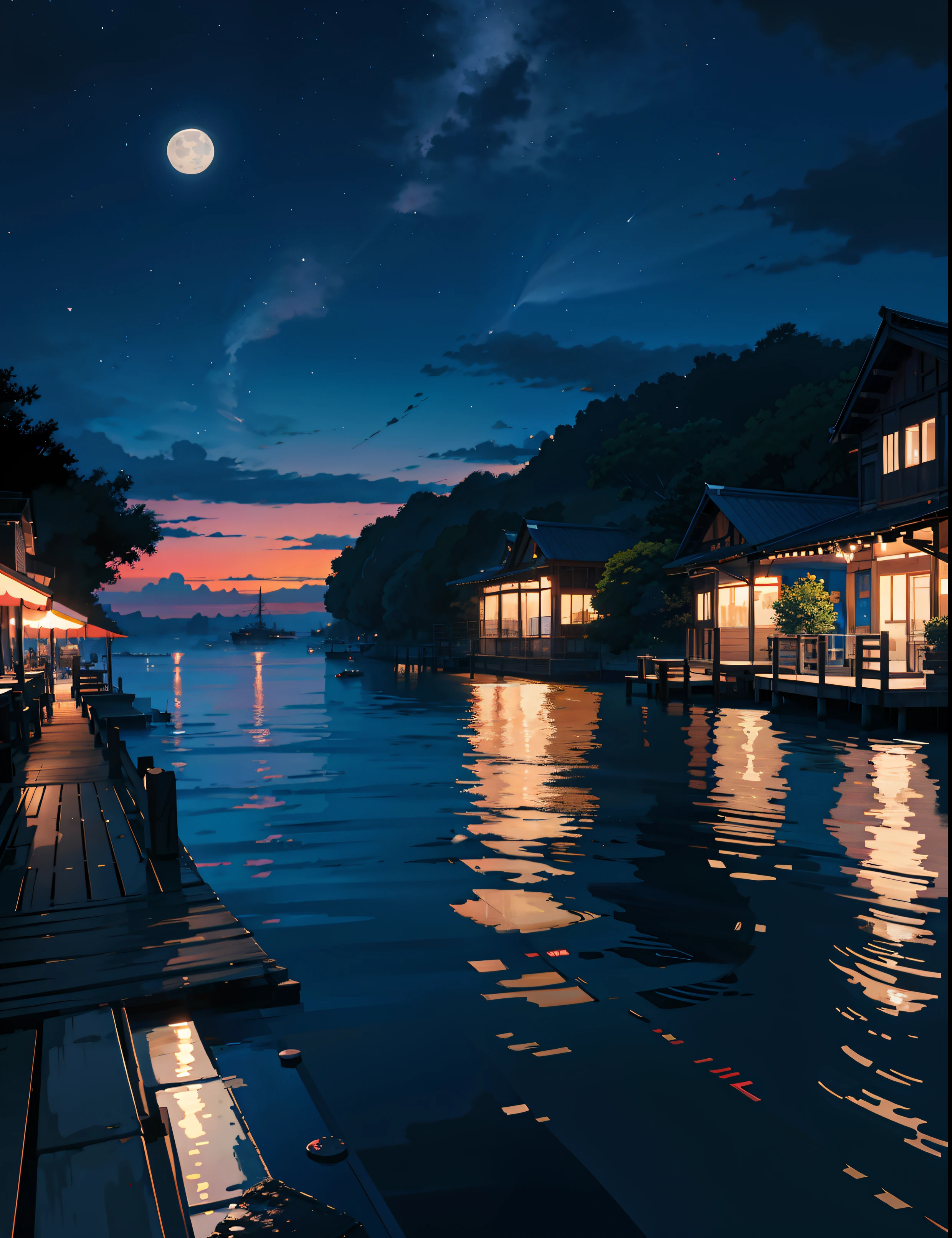 painting of a neon moonlight,dock areas, Bougainville decoration , 4k hd, moonlight, cloud,ocean, moonlight reflection,beautiful art uhd 4 k, a beautiful artwork illustration, beautiful digital painting, highly detailed digital painting, beautiful digital artwork, detailed painting 4 k, very detailed digital painting, rich picturesque colors, gorgeous digital painting