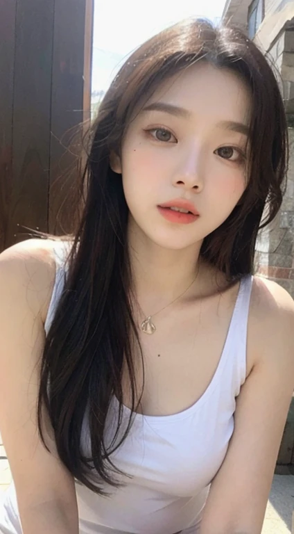 (1 cute Korean star) shoulder length hair, light makeup, big chest size, wearing a tank top, clear facial features, 8K high resolution, edgy, realistic details.from outside, Eye level shooting, f/4.0, 135mm, Fujifilm, jpeg artifacts, Dithering, UHD, smooth leg line, sexy legs, masterpiece, whole body, upper body, correct posture, Future-proof, Facing Forward