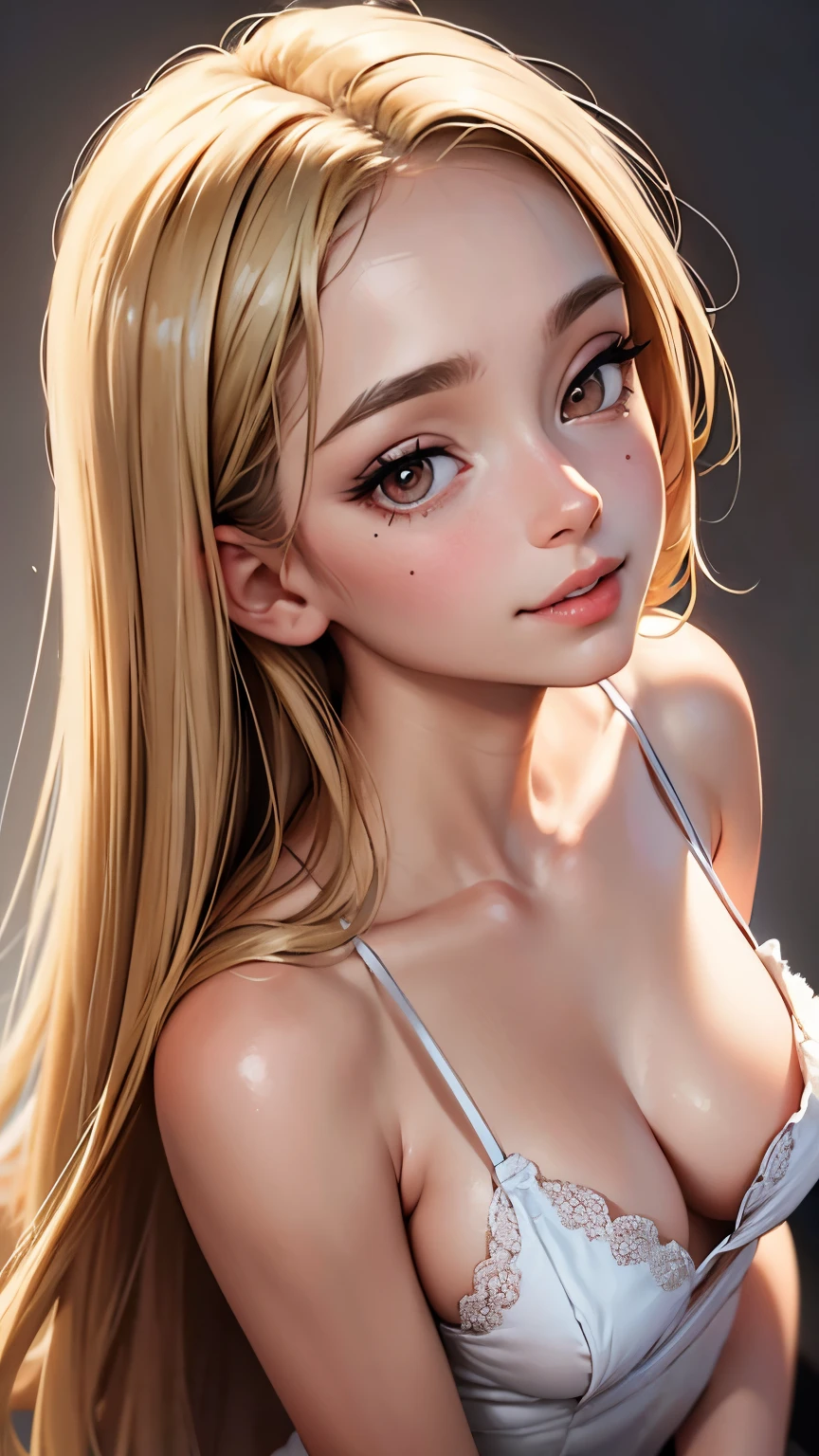 masterpiece, highest quality,Face-to-face audience, upper body whole body,middle-aged women,Attitude of the Greek goddess, Melon Seed Face, ((long slit eyes)), mole under eye,Brown eyeballs, thin lips, blonde, very long hair, Smile with your mouth closed,40 year old mature woman, self - portrait, simple background,Completely naked,
