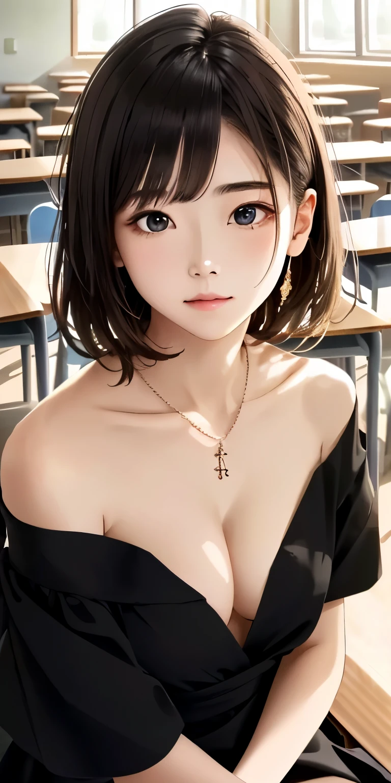 ((beautiful face))、very delicate facial、creamy、masterpiece、1 girl、１４talent、small breasts、small breasts、small breasts、highest quality、ultra high resolution、(photorealistic:1.4)、whole body、、shine softly、great scene lighting、(inside the classroom)、((black off) -shoulder dress))、look at the audience、necklace