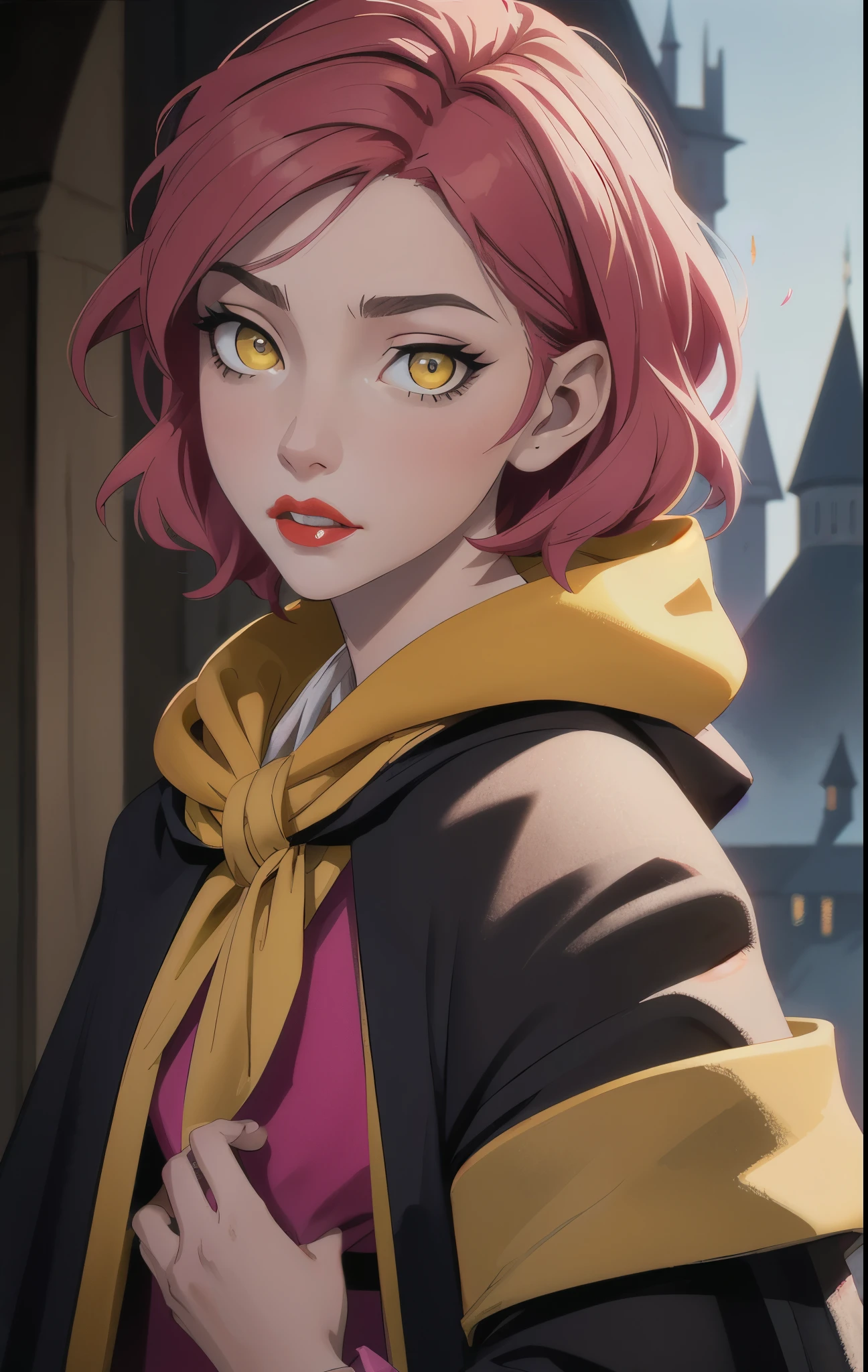 1girl, short pink hair,(hufflepuff House Cloak),( inner cloak yellow:1), (outer cloack black:1),yellow eyes, looking at viewer, solo, upper body,(masterpiece:1.4),(best quality:1.4),red lips,parted lips, hogwarts castle:1,dramatic shadows,extremely_beautiful_detailed_anime_face_and_eyes,an extremely delicate and beautiful,dynamic angle, cinematic camera, dynamic pose,depth of field,chromatic aberration,backlighting,Watercolor, Ink, epic, candystyle,