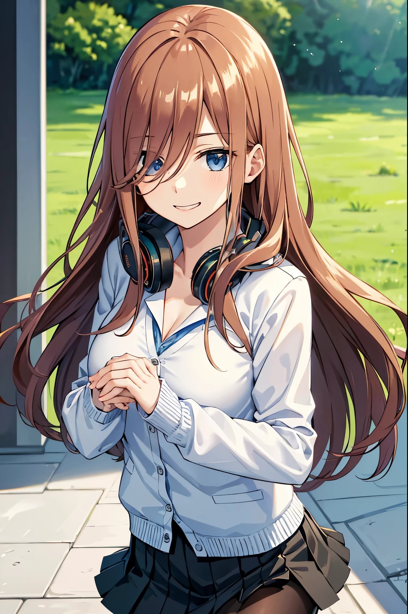 (masterpiece), best quality, expressive eyes, perfect face, highres, l 1 girl, solo, miku nakano, long hair, bangs, blue eyes, brown hair, shirt, hair between eyes, headphones, cardigan, headphones around neck, skirt, shirt, long sleeves, white shirt, pantyhose, pleated skirt, black pantyhose, cardigan, green skirt, blue cardigan, outdoor, schoolyard, leaning forward, hands to back, smiling, standing, upper body portrait, looking at the viewer