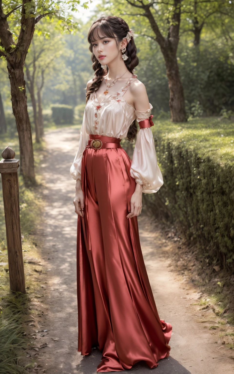 (8K, Masterpiece, RAW photo, Best quality, detail:1.3), (ultra realistic Natural background, scenary:1.5), Depth of field, Cinematic light, (ultra realistic face), (1 picture of 1 solo girl Airim Jones:1.6), 1girl, (Beautiful and elegant Russian girl), (skinny girl with glasses), (European face:1.3), (perfect complete full body:1.6), (full body shot including shoes:1.6), (perfect [frontal view|side profile|back profile]:1.5), (small necklace, collarbone:1.1), ( [bangs|pigtails|bob|pixie] hair:1.5), (ultra detailed skin:1.4), (sexy red minitop:1.5), (soft fabric miniTop:1.5), (Belted Wide-Leg Pants:1.6), (perfect standing pose:1.5), (perfect long legs:1.35), (low rise pants:1.5), (low waisted pants:1.5), (perfect shoes:1.5), (perfect feet:1.5), (perfect oriented feet:1.4)