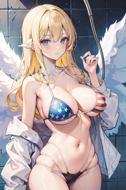 Blonde hair, blue eyes, Sexy, large breasts, angel wings, american flag bikini nipples, shower room, shower, smile