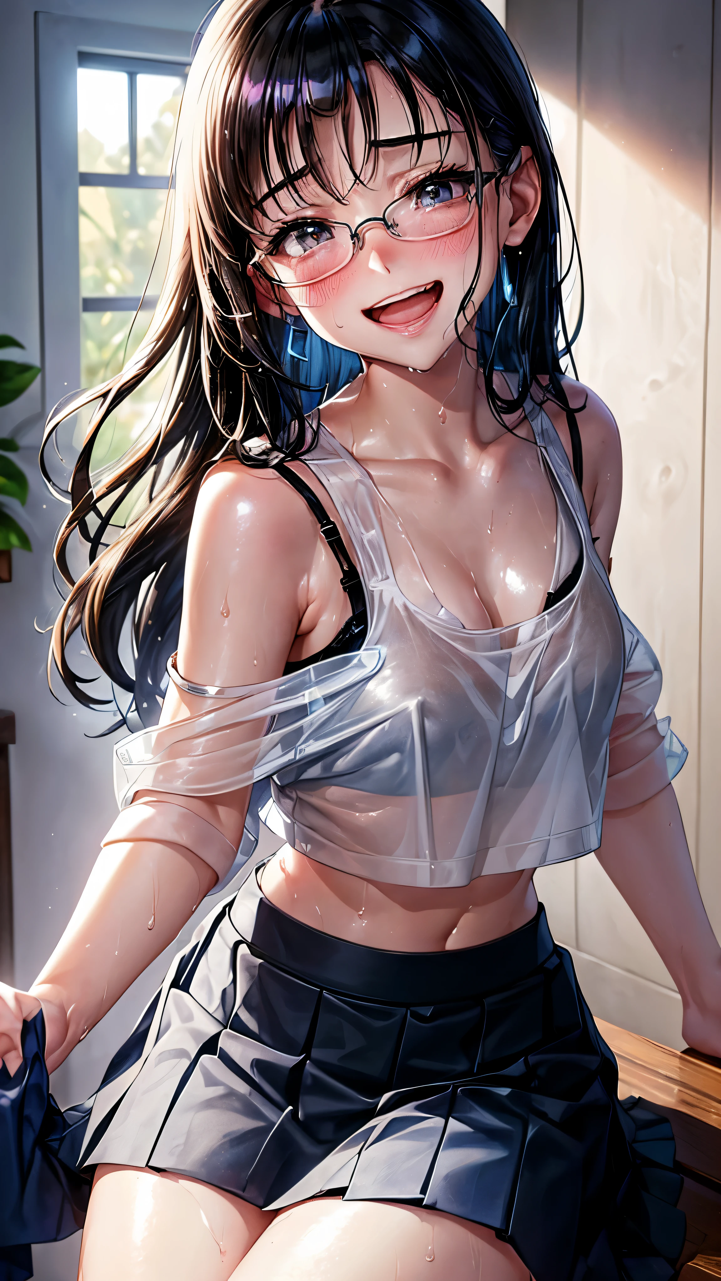 1 female,black hair,14 years old,(((White and blue shiny tank top and micro skirt)))(())(((blush、open mouth smile)),((())),(((portrait))),crowd,micro skirt,wet with sweat(((sexy bra)))(Glasses)