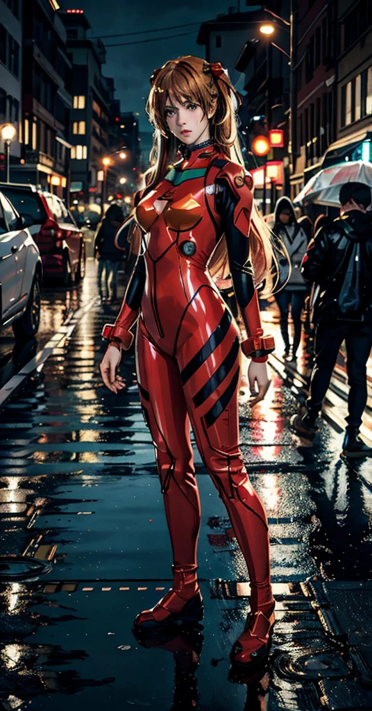 best quality, masterpiece, realistic, photorealistic, 1girl, solo, looking at viewer, full body, standing, long hair, asuka cosplay costume, cosplay, plugsuit, bodysuit, hair ornament, detailed background, in street, night, light, rain,