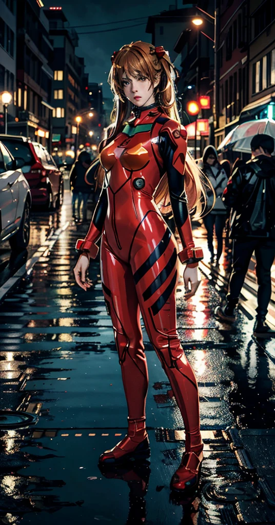 best quality, masterpiece, realistic, photorealistic, 1girl, solo, looking at viewer, full body, standing, long hair, asuka cosplay costume, cosplay, plugsuit, bodysuit, hair ornament, detailed background, in street, night, light, rain, 