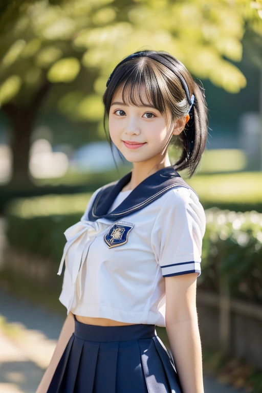 (((masterpiece))), (((full body photo，Walking)))， (one beautiful japanese girl, Innocence，cute) ，ultra high resolution, Reality, Super detailed, 8K,highest quality, Extremely detailed, blurry background，slender，(very beautiful japanese girl, detailed face:1.3), ((bob hair,white hair band，shiny hair，black hair :1.4)), (baby face，cute系,adorable 10 year old girl), (perfect body:1.1),(cuteセーラー服、short sleeve sailor suit、Navy blue miniskirt)，((commuting to schoolカバンを背負っている)))，cute pose，cheerful look，good morning，rosy cheeks，super detailed face、detailed lip、detailed eyes、small gravure idol，transparent skin、Shining beautiful skin，lolita，Japanese high school uniform with school emblem on the chest，(Super high resolution),naive girl、(perfect limbs、perfect anatomy)，Colors and landscapes of youth、premonition of love、commuting to school、morning