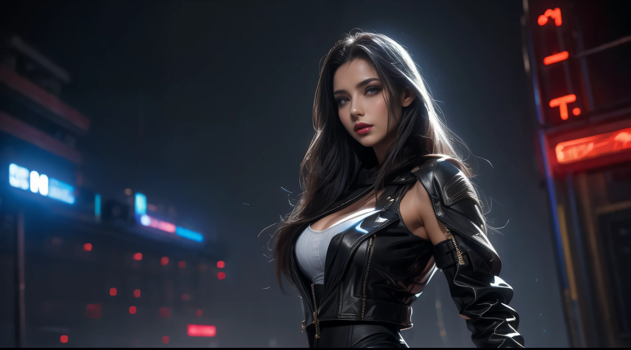 Surprisingly beautiful cyberpunk woman, Equal body long hair,full bodyesbian, illusory engine, 3Drenderingof, Extremely detailed, voluminetric lighting, 8K, high resolution, Polished,Domineering posture,Expose the lateral breasts,PC Wallpapers,