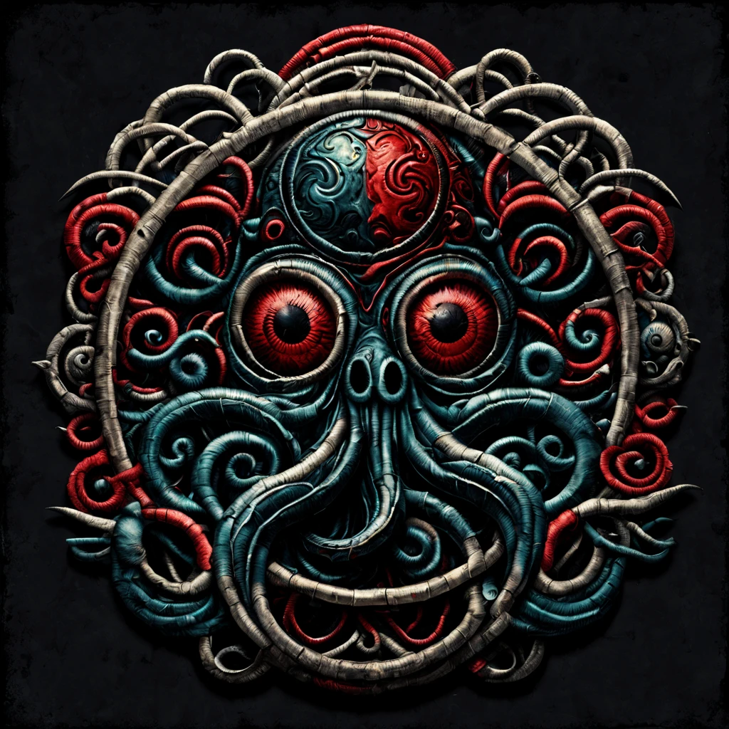 Lovecraftian horror logo design,t shirt design,beefy style,design only,white background,no model,professional,high contrast,high-res,ultra-detailed,vivid colors,metallic accents,sharp focus,edgy,dynamic composition,gritty texture,rough brush strokes,mechanical elements,chrome effect,classic typography,retro style,distressed look,aggressive lines and curves,3D rendering,striking visual impact,dark shadows,strong branding presence,monochromatic palette,industrial aesthetic
