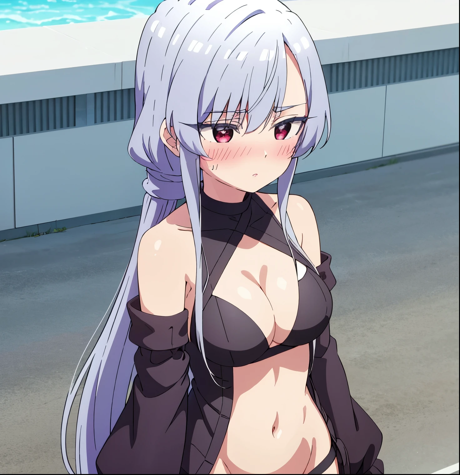 1girl, alone, Eiai Nano,outdoors, beach, looking at viewer, (masterpiece:1.2), best quality, high resolution, unity 8k wallpaper, (illustration:0.8), (perfect hands, perfect anatomy), (blush:1.5), shiny hair, shiny skin, medium breasts, nano eiai, grey hair, single braid, braided ponytail, long sidelocks, black purple bikini, halterneck, cleavage cutout, bare shoulders, large breasts, cleavage, navel, groin,, medium breasts, medium waist, wide hips, medium thighs, good anatomy, good hands