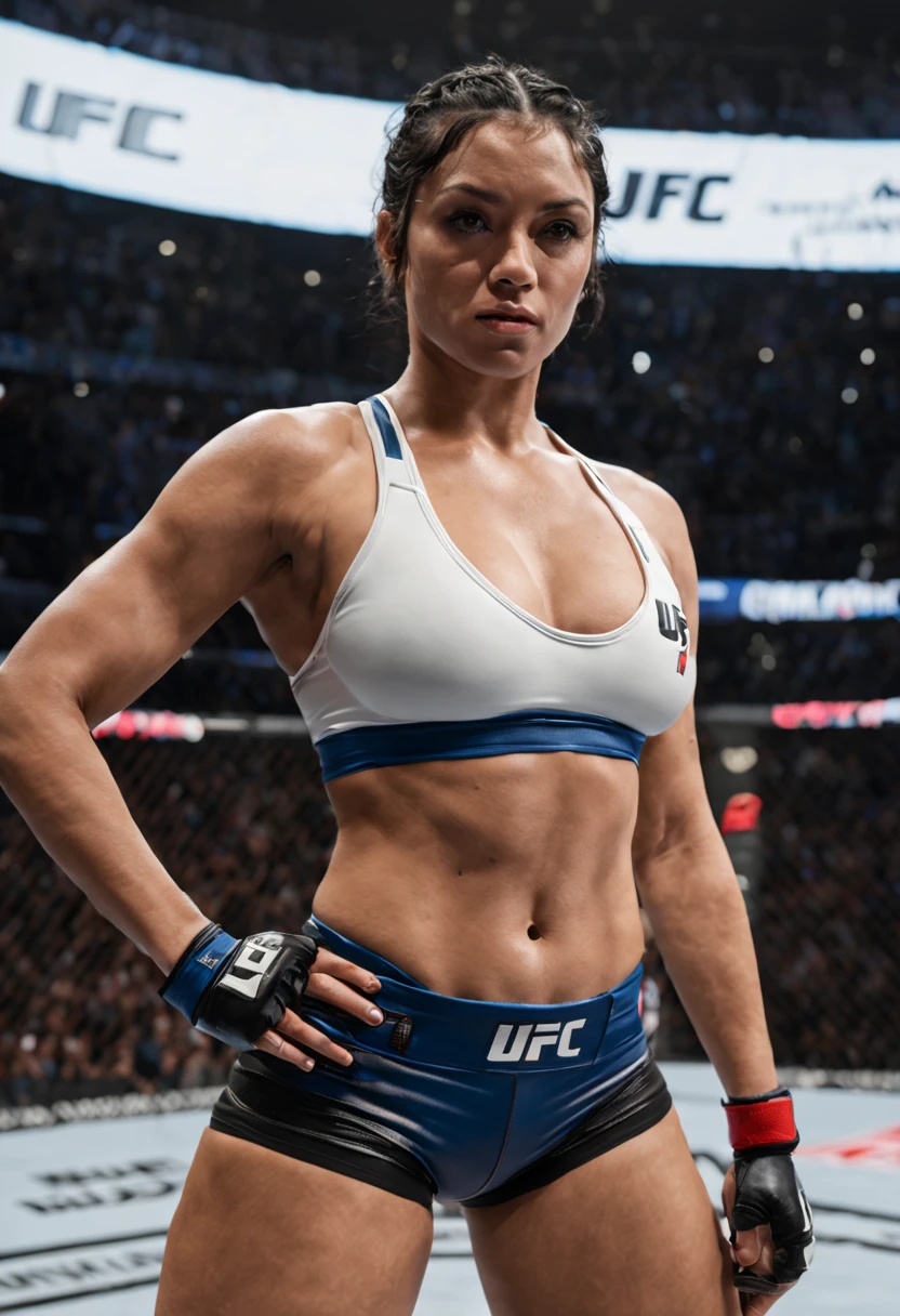 Generate a highly detailed panoramic shot, realistic image of a female mixed martial artist with sexy body, wet body, sweaty body, big breasts, big butt, wide hips, narrow shoulders, sexy hips, black hair and black eyes, displaying an arrogant attitude, confidently walking with arms open inside the UFC octagon. She wears a white top with the UFC logo in blue at the center of her chest and white mini sports shorts that the line of the vagina is noticeable. The scene should emphasize the focused lighting on her to highlight her presence.