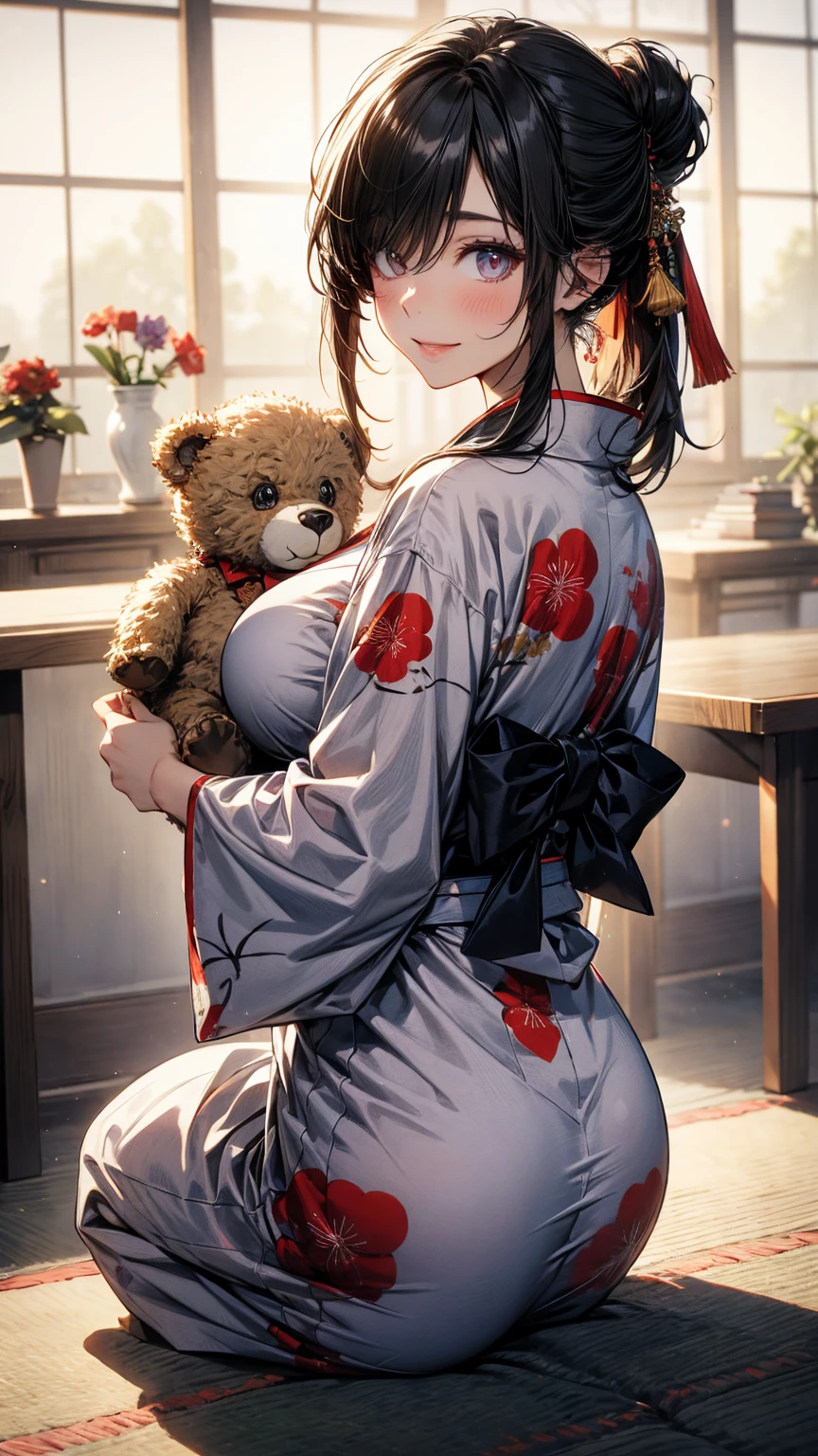 (Masterpiece, best quality), (ultra high resolution, 8K RAW photo, photo realistics:1.5, textile shading, pale tones, thin outline), Sexy woman in a kimono, sitting with hugging a teddy bear, (wearing light purple hanfu:1.2), (wearing japanese kimono:1.2, traditional japanese, japanese clothes), (classy yukata clothing, flowers printing in clothes), wearing a haori, (matured woman, milf:1.5, 28 years old, solo), (large breast, sagging breast, big tits, narrow waist, big ass, curvy bodies), (medium hair, hair over one eye, asymmetric hair, half updo hair), (bright pupils, detailed eyes, high detailed face, half closing eyes), eye rush, (smiling, shamed), (looking at viewers:1.3), (dynamic angle, from little above:0.7), (correct anatomy:1.5, correct hands), (ideal ratio of body proportions),