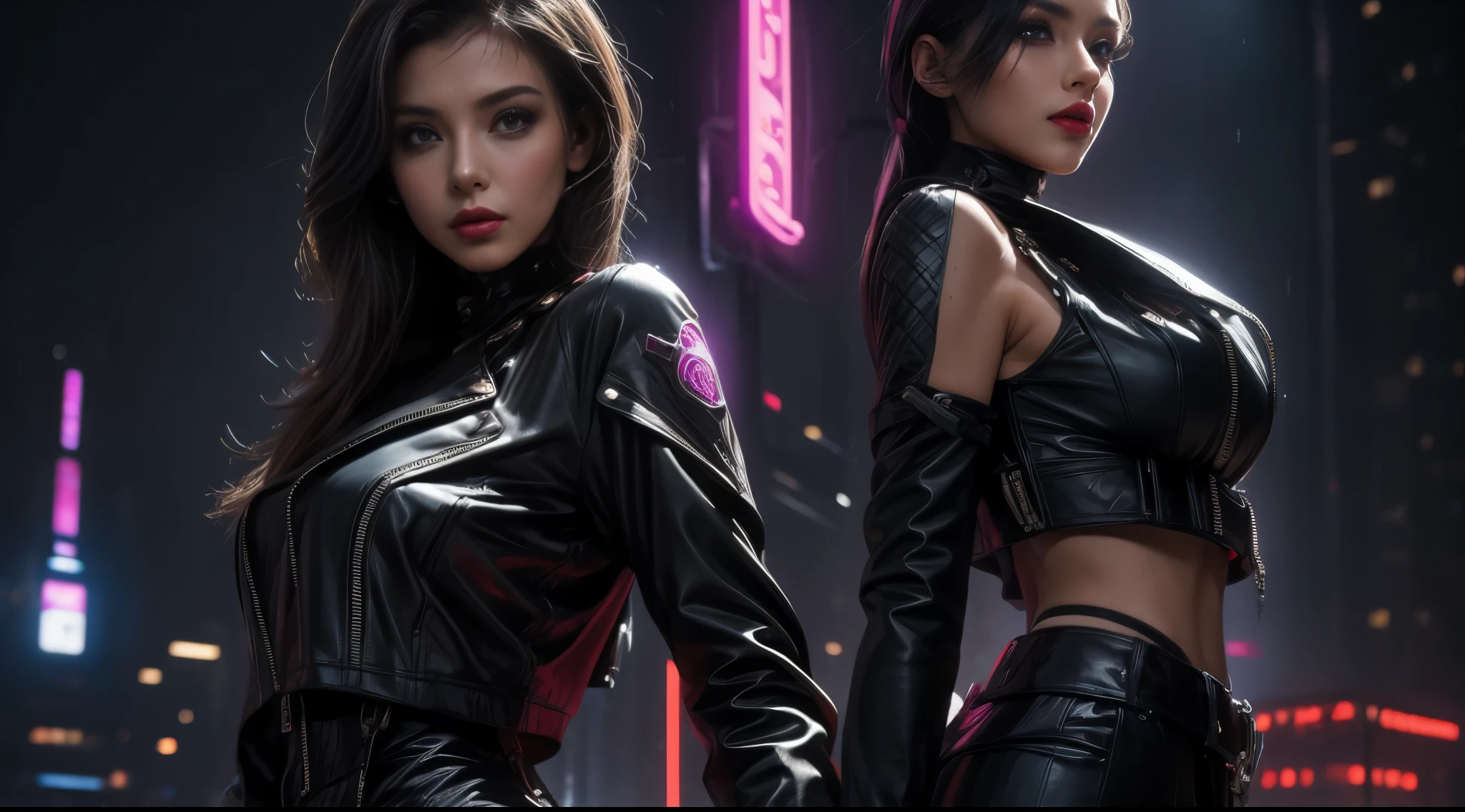 masterpiece，filmposter，best quality，official art，（Beauty and aesthetics：1.2），（masterpiece：1.3），The cities of the future，cyberpunk characters，a girl，sexy leather clothes，Off the shoulders，looking at camera，（Medium focus lens：1.8），volume fog，rain，night，drama