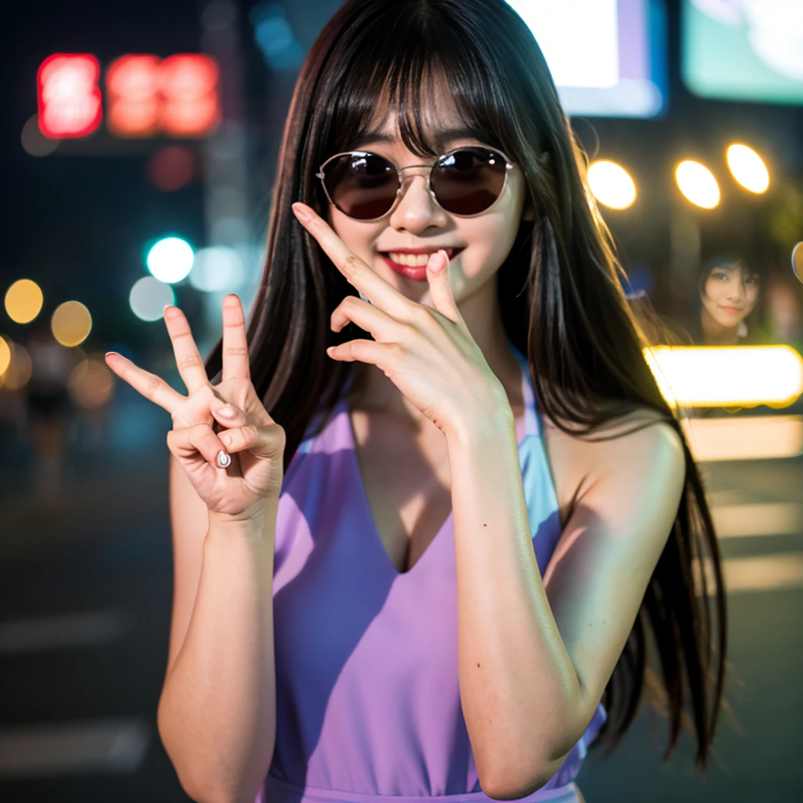 Cute Korean girl, beautiful, simple, smile, Korean street, blur bg, in public places, block haire, round transparent sunglasses, wite dress, stylish dress, portrait, stylish pose, night vision, 2hand, 5finger, ((fingers error)), ((hand error)), ((face error)), sharp skin, realistic.