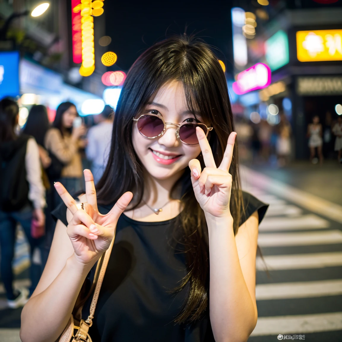 Cute Korean girl, beautiful, simple, smile, Korean street, blur bg, in public places, block haire, round transparent sunglasses, wite dress, stylish dress, portrait, stylish pose, night vision, 2hand, 5finger, ((fingers error)), ((hand error)), ((face error)), sharp skin, realistic.