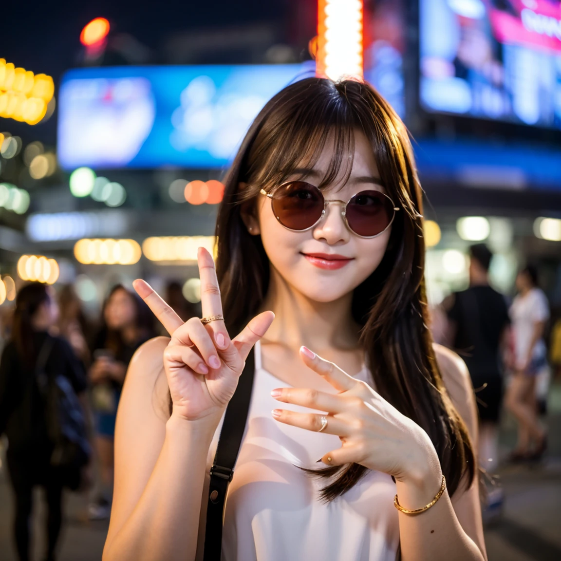 Cute Korean girl, beautiful, simple, smile, Korean street, blur bg, in public places, block haire, round transparent sunglasses, wite dress, stylish dress, portrait, stylish pose, night vision, 2hand, 5finger, ((fingers error)), ((hand error)), ((face error)), sharp skin, realistic.