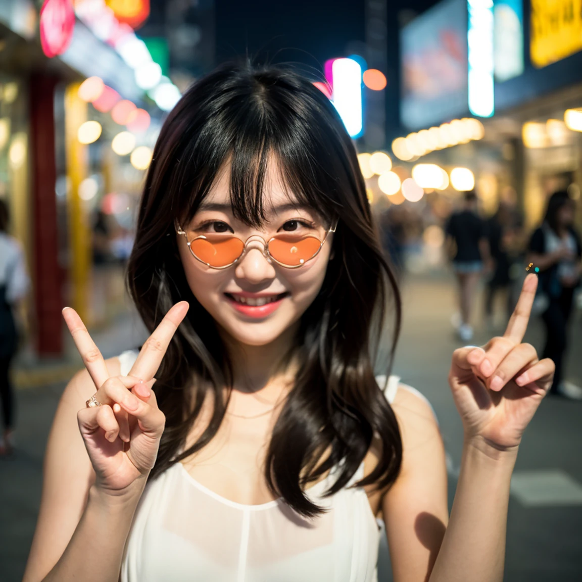 Cute Korean girl, beautiful, simple, smile, Korean street, blur bg, in public places, block haire, round transparent sunglasses, wite dress, stylish dress, portrait, stylish pose, night vision, 2hand, 5finger, ((fingers error)), ((hand error)), ((face error)), sharp skin, realistic.