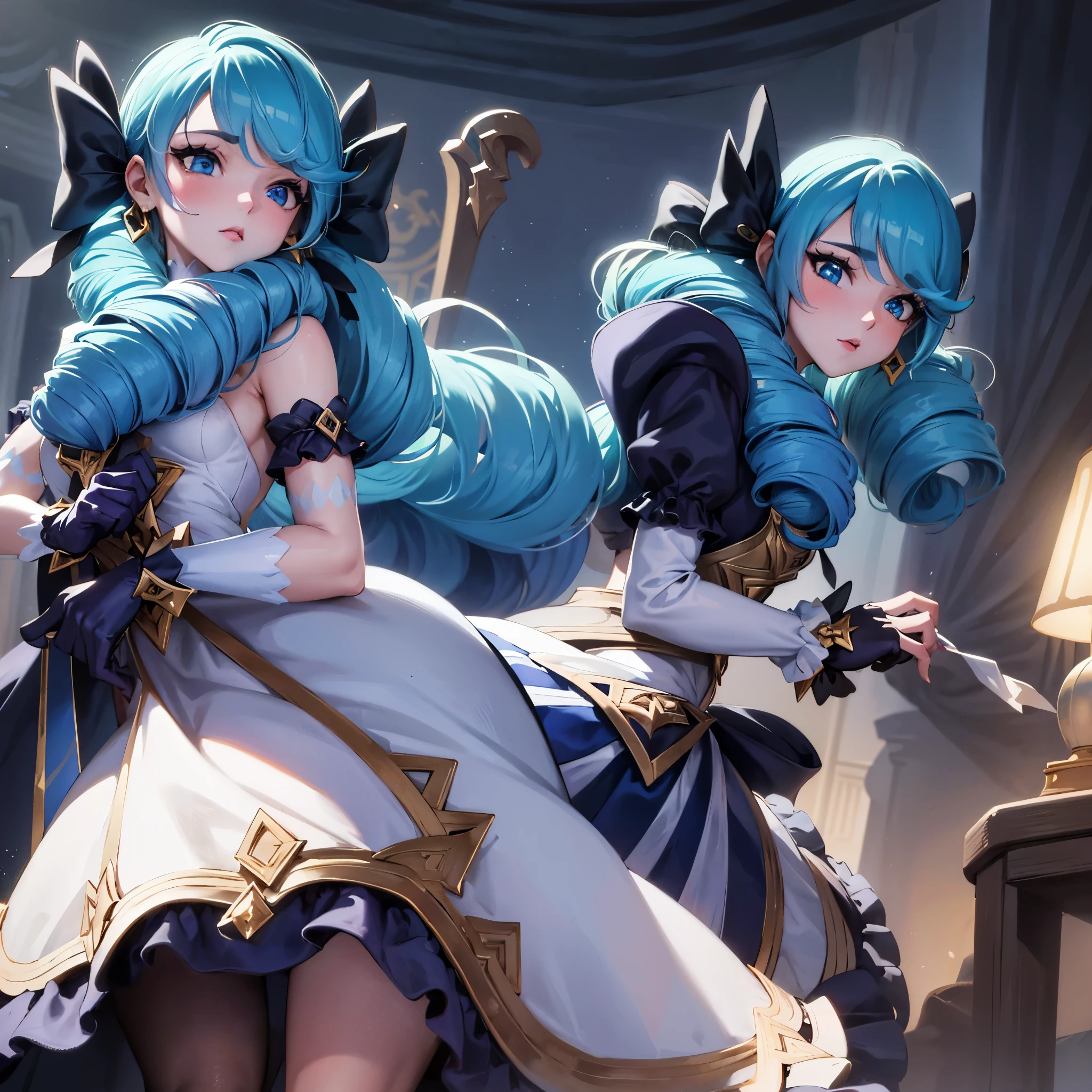 1 girl, masterpiece, best quality,(Disney style 1.4), Highly detailed faces, perfect lighting, long hair, Double tail, drill hair, bow, blue hair, hair , blue eyes, Gwen, skirt, long sleeve gloves, knitted stockings