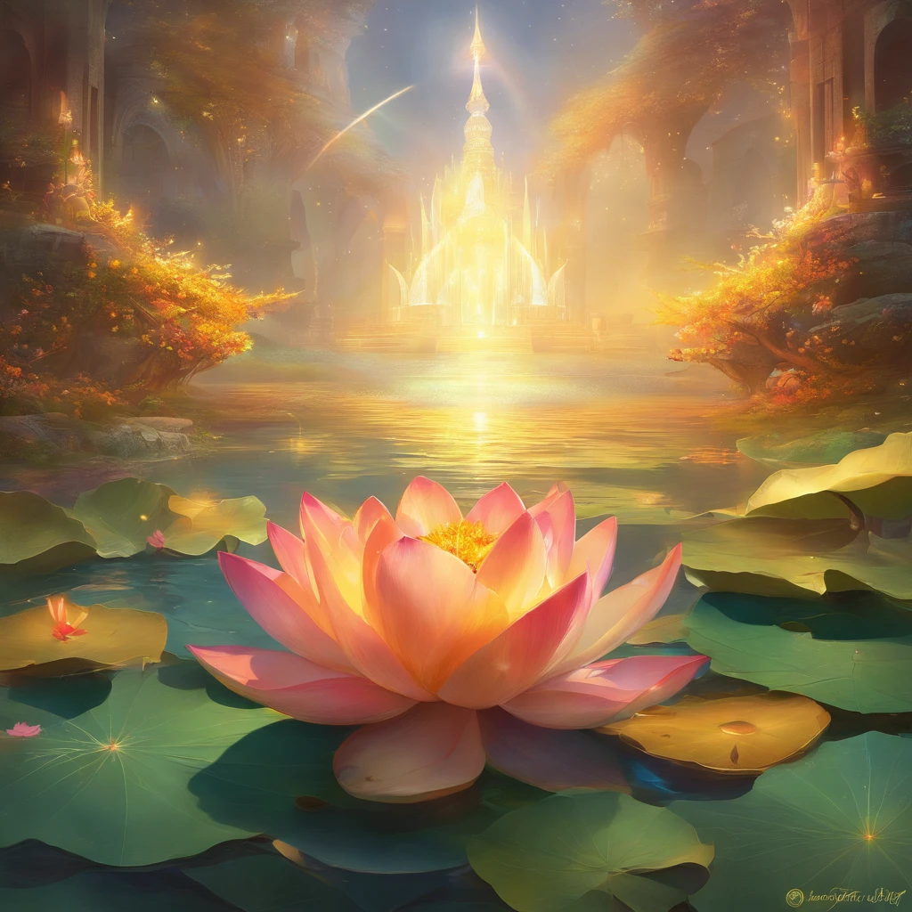 Lotus leaf, lotuses, Eau, zen feeling, (Chinese Courtyard 1.5), rays of sunshine, (The sun shines on the lotus), partially underwater shot, symmetry, polar opposites, close-up, Romanticism, Op art, Contemporary art, Luminism, cinematic lighting, sparkle, god rays, ray tracing, UHD, retina, masterpiece, ccurate, super detail, anatomically correct, high details, high quality, award winning, best quality, highres, 16k
