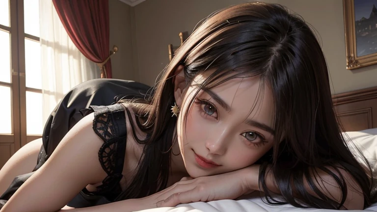 A sexy woman wearing a black transparent robe lies on the bed, wearing edge , indoors, luxurious hotel, night, plant,Smile, Blurred background, focus, 专业photography, dynamic angle shooting, film grain, Bokeh, Ray tracing, dynamic lighting, tilt camera, from the front shot, lens flare,
(((masterpiece))), ((best quality)), NSFW, ((intricate details)), ((actual)), (50mm sigma f/1.4 Zeiss lenses, f1.4, 1/800s, ISO 100, photography:1.1), view,moro liberation front, mature woman, Very detailed, illustration, 1 girl, , 美丽细致s eyes,long hair, boom, brown hair, 棕色s eyes, black collar, earrings, Detailed background, 完美s eyes, s eyes, looking at the audience, from the front