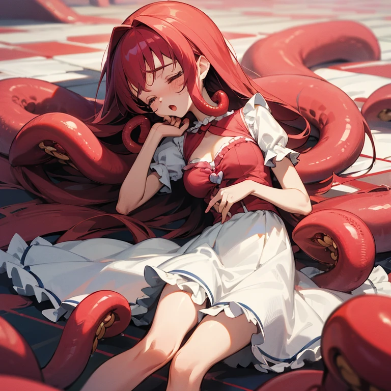 1 girl, solo, corpse, perfect anatomy, laying on ground, precure, masterpiece, best quality, highres, big breast, closed eyes, :o, unconscious,  sobbing BREAK red tentacles