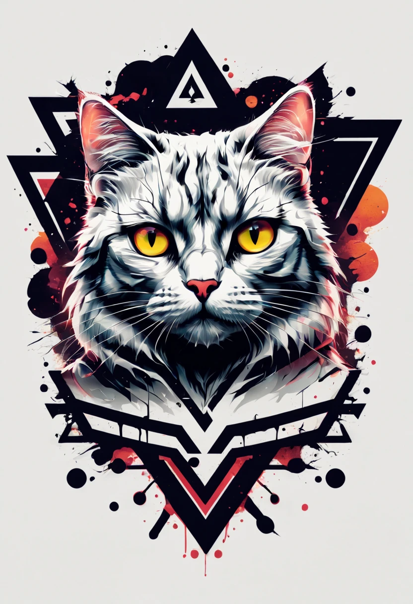 cat logo design (triangle ),t shirt design,beefy style,design only,white background,no model,professional,high contrast,high-res,ultra-detailed,vivid colors,metallic accents,sharp focus,edgy,dynamic composition,gritty texture,rough brush strokes,mechanical elements,chrome effect,classic typography,retro style,distressed look,aggressive lines and curves,3D rendering,striking visual impact,dark shadows,strong branding presence,monochromatic palette,industrial aesthetic, 