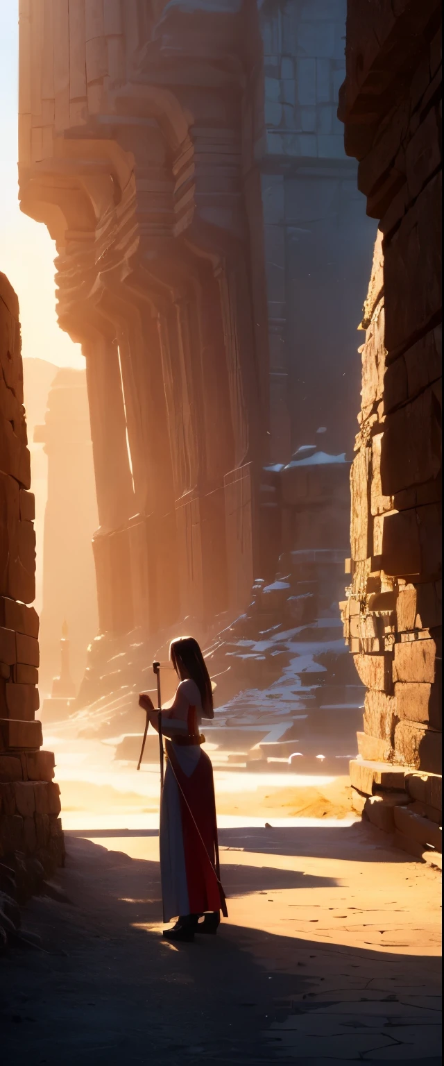 ((realistic light, best quality, 8K, muste piece: 1.3)), desert canyon, A huge temple carved into a high cliff, Turns red in the light of the setting sun, A sexy priestess standing in front of the temple, has a long cane, 