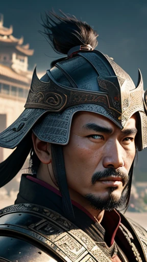 oriental、man in ancient chinese armor、Ancient Chinese man wearing a leather helmet、three kingdom、multiple warlords、highest quality、masterpiece、ultra high resolution、(realistic:1.4)、Game Posters、Clear and beautiful image quality、