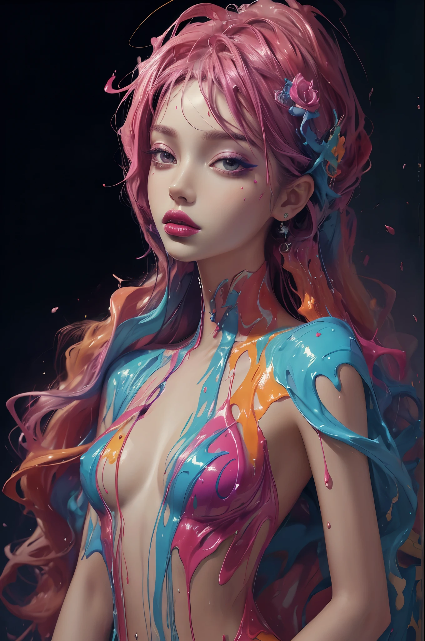 (masterpiece, top quality, best quality, official art, abstract aesthetic),solo,(1girl),(upper body|full body),a woman with colorful lipstick,psychedelic dripping colors,small breasts,best of behance,inspired by Alberto Seveso,smooth digital artwork,behance art,stunning digital art,beautiful acrylic fluid portrait,cgsociety saturated colors,photorealistic digital arts,trending digital art,surrealistic digital artwork,glossy digital painting,exquisite digital fashion photography,uhd,