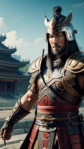 oriental、man in ancient chinese armor、Ancient Chinese man wearing a leather helmet、three kingdom、multiple warlords、highest quality、masterpiece、ultra high resolution、(realistic:1.4)、Game Posters、Clear and beautiful image quality、