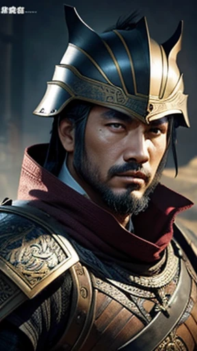 oriental、man in ancient chinese armor、Ancient Chinese man wearing a leather helmet、three kingdom、multiple warlords、highest quality、masterpiece、ultra high resolution、(realistic:1.4)、Game Posters、Clear and beautiful image quality、