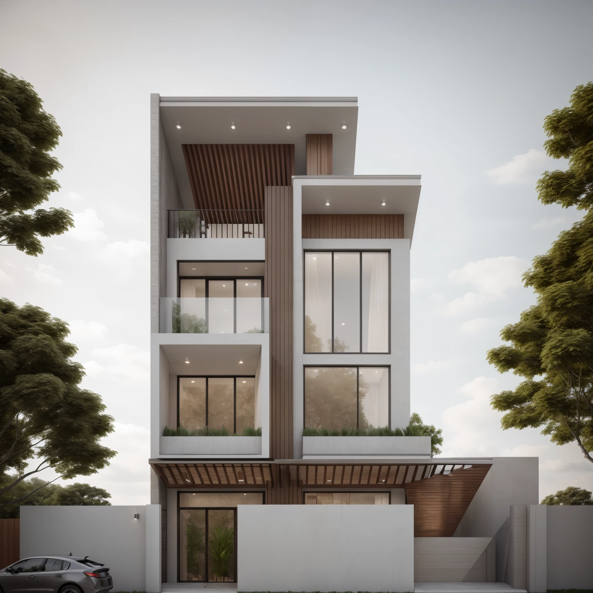 masterpiece, (photorealistic:1.2), best quality, ultra high res, exterior,architechture,modern house,white wall, glass windows,,trees,traffic road,design,trees around, blue sky,in the style of realistic hyper-detailed rendering, 32k uhd, low-angle, composite construction, piles/stacks, innovative page design, daylight,render( Vray:1.1)