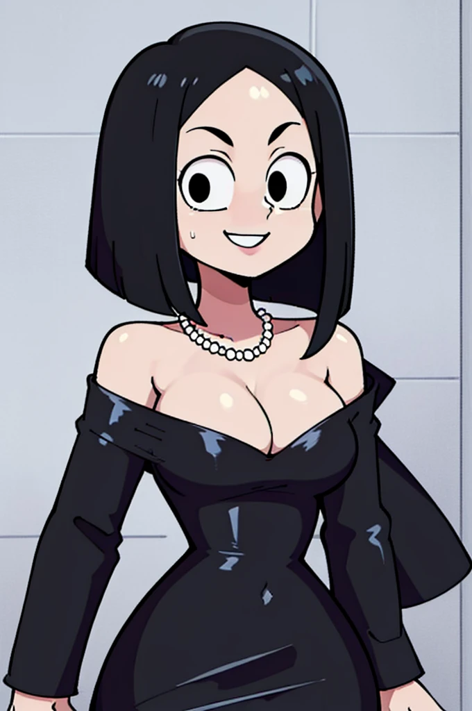1 girl, Solo, age, Black hair, Short black hair, Medium Hair, Bob Hair, Black eyes, Strapless, Little Black Dress, Off-the-Shoulders dress, pearl necklace, Smile, the Mexican city street, Sexy, masterpiece, High quality.