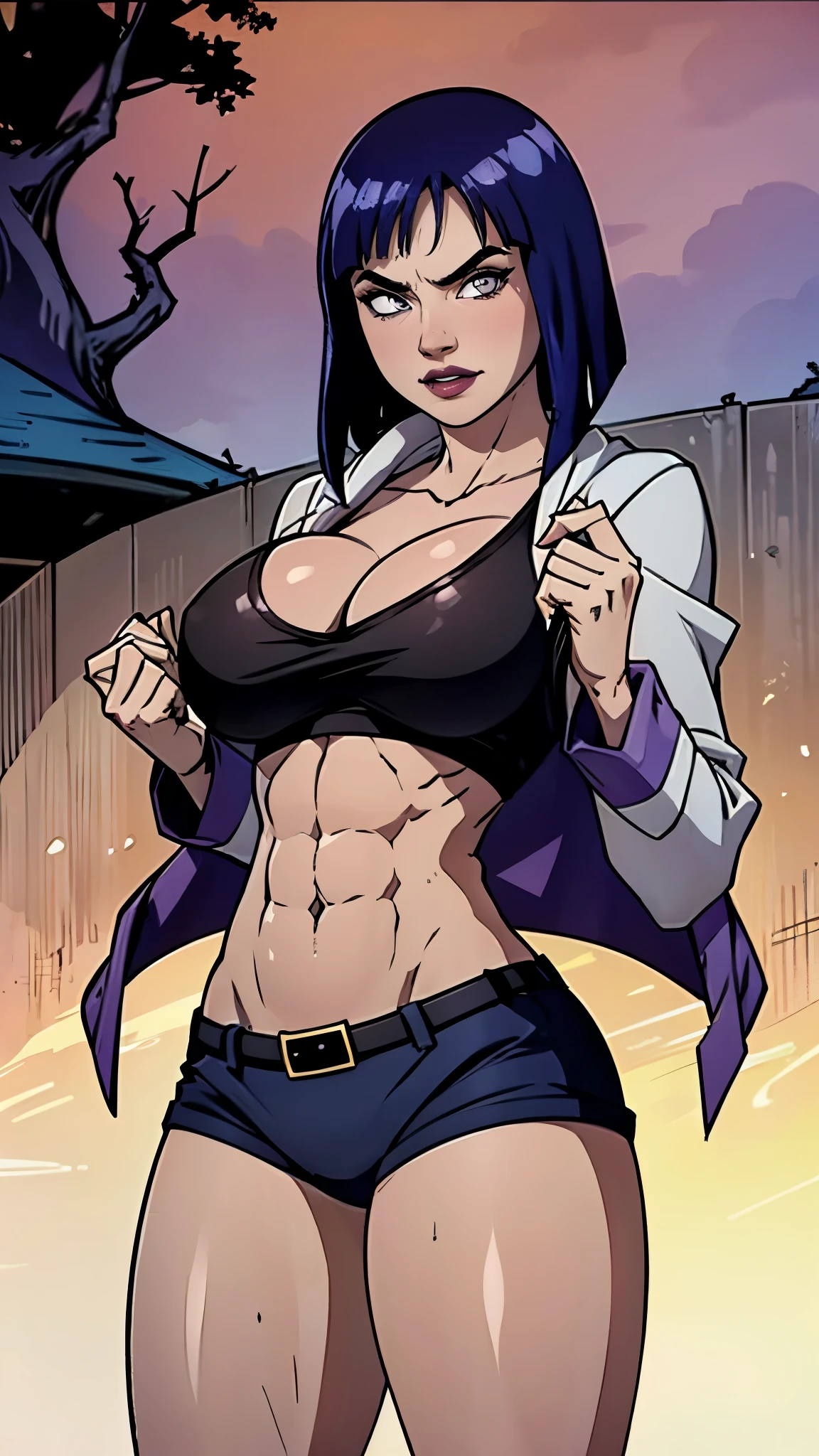 Hinata Hyuga usando as roupas da Ravena, DC Comics, extremamente sexy, muito linda, cabelos Longos, bunda Grande, pernas grossas, fitness