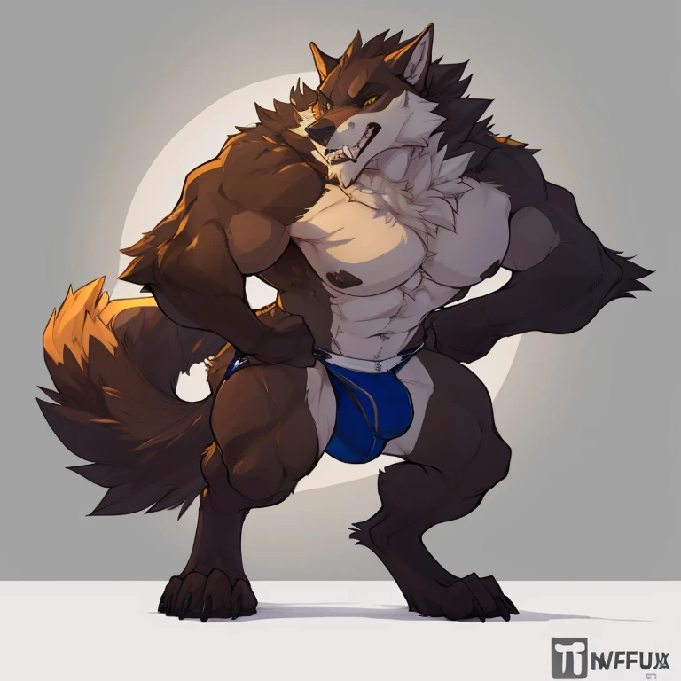 Semi-anthro werewolf handsome,beautiful face,big body,masculine werewolf,jockstrap,big bulge,big pecs,muscular male,larger tail,thick legs, big legs, solo,(art by tenaflux, tenaflux style), explicit art,