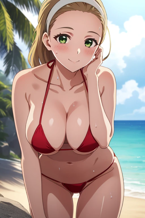 (​masterpiece, top-quality, detaile, hight resolution, extremely delicate and beautiful, anime colours, 8k, photorealistic), akebi sasaki, hairband, long hair, 1girl, dark green eyes, smile, blush, (red Micro Bikini:1.5), (huge drooping breasts, cleavage), (Leaning forward:1.8, hands on thigh:1.5), (Upper body), (perfect detailed anatomy, Beauty details eyes, Shiny skin, beautiful breasts and cleavage), thick outline, beach, Sweat