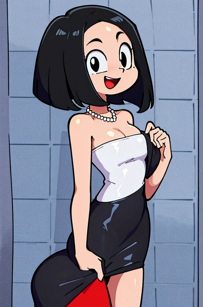 1 girl, Solo, Teenage, Black hair, Short black hair, Medium Hair, Bob Hair, Black eyes, Strapless, Little Black Dress, Off-the-Shoulders dress, pearl necklace, happy, the Mexican city street, Sexy, masterpiece, High quality.