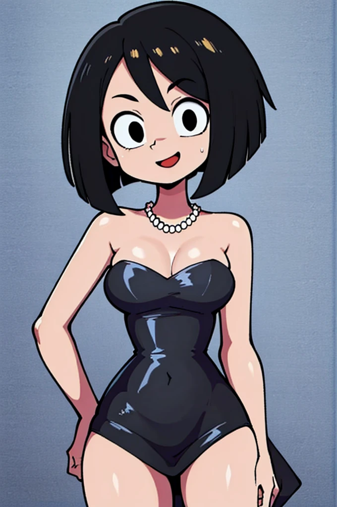 1 girl, Solo, Teenage, Black hair, Short black hair, Medium Hair, Bob Hair, Black eyes, Strapless, Little Black Dress, Off-the-Shoulders dress, pearl necklace, happy, the Mexican city street, Sexy, masterpiece, High quality.