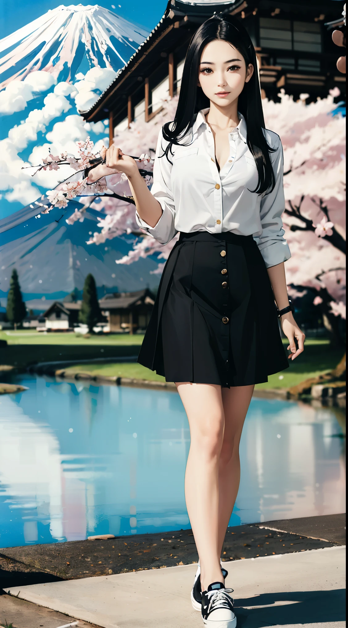 ((Face_mask):0.2), ((Beautiful 35_year_old japanese_woman with pale skin):1.5), ((long_black_hair):2), ((japanese_woodlands):1), ((sagging_breasts):1.8), ((breasts_apart):1.5), ((wearing loose_long_skirt and white_button_up_shirt and black_shoes):2), ((full_body_photo):2), (smooth_skin), (perfect_fingers), ((better_eyes):1.2), ((perfect_face):2), ((beautiful_face):1.8), ((feminine_face):1.8), ((grassy_plain and cumulus_clouds):1), ((mount_fuji in distance and sakura_tree_blossoms):1.5), ((perfect_body):2), ((perfect_hands):1.2), ((best_quality):1.6), (perfect_fabric):1.2), ((Masterpiece):1.6), ((Hyper_Realism):1.4), ((perfect_pose):1.2)