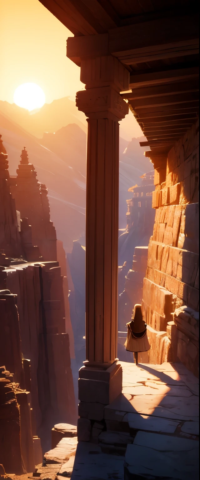 ((realistic light, best quality, 8K, muste piece: 1.3)), ((Desert canyon turned red by the setting sun)), (A huge temple carved into a high cliff), A sexy priestess standing in front of the temple, has a long cane, 