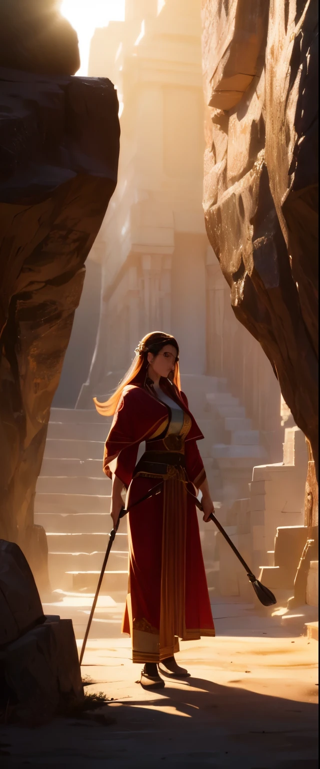 ((realistic light, best quality, 8K, muste piece: 1.3)), desert canyon, A huge temple carved into the cliff, Turns red in the light of the setting sun, A sexy priestess standing in front of the temple, has a long cane, 